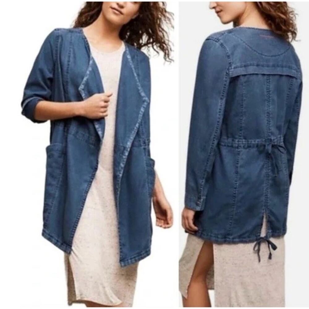 Hei Hei Anthropologie Linen Chambray Jacket Cascade Cardigan Open Blue Long SM‎